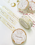 Premium Handmade Washi Tape Days of The Week 15mm x 10m - 3 pieces and 4 washi tapes on the table with a pink flower branch, a heading chapter, a sticker sheet
