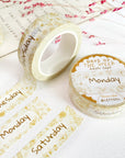 Premium Handmade Washi Tape Days of The Week 15mm x 10m - 3 pieces and 3 washi tapes on the table with a pink flower branch, a heading chapter
