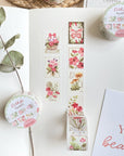 Premium Handmade Washi Tape Floral Stamps 25mm x 5m - 3 pieces and 4 washi tapes on the table with a pink flower branch, a heading chapter