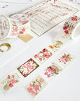 Premium Handmade Washi Tape Floral Stamps 25mm x 5m - 2 pieces and 4 washi tapes on the table with a pink flower branch, a heading chapter