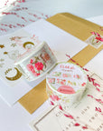 Premium Handmade Washi Tape Floral Stamps 25mm x 5m - 2 washi tapes on the table with 2 pink flower branches, a heading chapter, an envelope