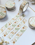 Premium Handmade Washi Tape Flower Grid 15mm x 10m - 4 pieces and 5 washi tapes on the table with 2 white flower branches