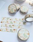Premium Handmade Washi Tape Flower Grid 15mm x 10m - 4 pieces and 5 washi tapes on the table with 2 white flower branches