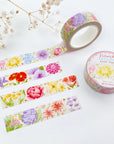 Premium Handmade Washi Tape Flower Passion 15mm x 10m - 3 pieces and 2 washi tapes on the table with a white flower branch
