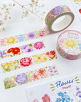 Premium Handmade Washi Tape Flower Passion 15mm x 10m - 2 washi tapes on the table with a white flower branch and flower power sticker sheets