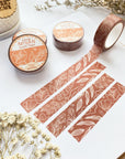 Premium Handmade Washi Tape Flower Pattern 15mm x 10m - 4 pieces and 4 washi tapes on the table with 2 white flower branches, a cup of tea