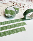Premium Handmade Washi Tape Forest Grid 15mm x 10m - 3 pieces and 3 washi tapes on the table with a pink flower branch, a heading chapter