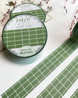 Premium Handmade Washi Tape Forest Grid 15mm x 10m - 3 pieces and 3 washi tapes on the table with a pink flower branch, a heading chapter