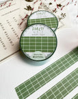 Premium Handmade Washi Tape Forest Grid 15mm x 10m - 3 pieces and 3 washi tapes on the table with a pink flower branch, a heading chapter