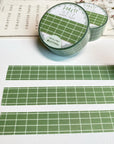Premium Handmade Washi Tape Forest Grid 15mm x 10m - 3 pieces and 3 washi tapes on the table with a pink flower branch, a heading chapter