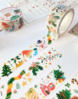 Premium Handmade Washi Tape Happy Holidays 20mm x 10m - 4 pieces and 4 washi tapes on the table with a dark maroon flower branch, a sticker sheet, a chapter heading