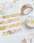 Premium Handmade Washi Tape Hello Spring 15mm x 10m - 3 pieces and 2 washi tapes on the table with a white flower branch and veggie garden sticker sheets