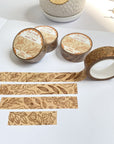 Premium Handmade Washi Tape Light Flower Pattern 15mm x 10m - 4 pieces and 4 washi tapes on the table with 2 white flower branches, a notebook, a cup of tea