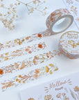 Premium Handmade Washi Tape Mellow Flower 15mm x 10m - 4 pieces and 2 washi tapes and 2 sticker sheets on the table with a white flower branch