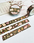 Premium Handmade Washi Tape Moonlight Reading 15mm x 10m - 3 pieces and 3 washi tapes on the table with a pink flower branch and chapter sheet