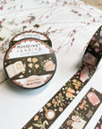 Premium Handmade Washi Tape Moonlight Reading 15mm x 10m - 3 pieces and 3 washi tapes on the table with a pink flower branch and chapter sheet