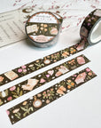 Premium Handmade Washi Tape Moonlight Reading 15mm x 10m - 3 pieces and 3 washi tapes on the table with a pink flower branch and chapter sheet