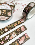 Premium Handmade Washi Tape Moonlight Reading 15mm x 10m - 3 pieces and 3 washi tapes on the table with a pink flower branch