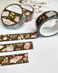 Premium Handmade Washi Tape Moonlight Reading 15mm x 10m - 3 pieces and 3 washi tapes on the table with a pink flower branch and chapter sheet