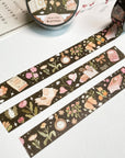 Premium Handmade Washi Tape Moonlight Reading 15mm x 10m - 3 pieces and 2 washi tapes on the table with a pink flower branch and chapter sheet