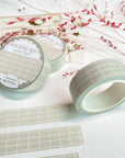 Premium Handmade Washi Tape Morning Dew 15mm x 10m - 2 pieces and 3 washi tapes on the table with a pink flower branch, a heading chapter