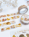 Premium Handmade Washi Tape Morning Poetry 15mm x 10m - 3 pieces and 2 washi tapes on the table with a white flower branch, 2 sticker sheets Lovely Morning Bakery