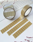 Premium Handmade Washi Tape Olive Green Grid 15mm x 10m - 3 pieces and 3 washi tapes on the table with 2 dark maroon flower branches, a chapter heading, a sticker sheet