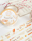 Premium Handmade Washi Tape Plan Your Day 15mm x 10m - 3 pieces and 3 washi tapes on the table with a pink flower branch, a heading chapter, a sticker sheet