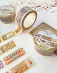 Premium Handmade Washi Tape Positive Vibes 15mm x 10m - 4 pieces and 3 washi tapes on the table with a dark maroon flower branch