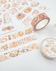 Premium Handmade Washi Tape Reading Time 15mm x 10m - 2 washi tapes and 2 sticker sheets on the table with a flower branch