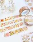 Premium Handmade Washi Tape Romantic Flower 15mm x 10m - 3 pieces and 2 washi tapes on the table with a white flower branch, 2 sticker sheets