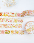Premium Handmade Washi Tape Romantic Flower 15mm x 10m - 3 pieces and 2 washi tapes on the table with a white flower branch