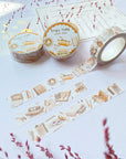 Premium Handmade Washi Tape Study Time 15mm x 10m - 3 pieces and 3 washi tapes on the table with 2 pink flower branches, a heading chapter
