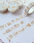 Premium Handmade Washi Tape Study Time 15mm x 10m - 3 pieces and 4 washi tapes on the table with 2 pink flower branches, a heading chapter