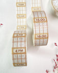 Premium Handmade Washi Tape Time Planner 15mm x 10m - 2 pieces and 3 washi tapes on the table with 2 pink flower branches