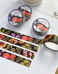 Premium Handmade Washi Tape Timeless Flower 15mm x 10m - 4 pieces and 4 washi tapes on the table with 2 white flower branches, a notebook