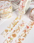 Premium Handmade Washi Tape Vintage Book 15mm x 10m - 3 pieces and 4 washi tapes on the table with a pink flower branch, a heading chapter