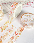 Premium Handmade Washi Tape Vintage Book 15mm x 10m - 3 pieces and 4 washi tapes on the table with a pink flower branch, a heading chapter