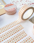 Premium Handmade Washi Tape Warm Heart 15mm x 10m - 4 pieces and 4 washi tapes on the table with 2 dark maroon flower branches, a sticker sheet, a chapter heading