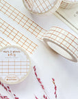 Premium Handmade Washi Tape White & Brown Grid 15mm x 10m - 3 pieces and 4 washi tapes on the table with a dark pink flower branch, a chapter heading