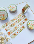 Premium Handmade Washi Tape Wild Flower 15mm x 10m - 4 pieces and 5 washi tapes on the table with a white flower branch, a notebook