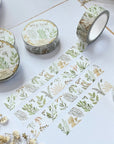 Premium Handmade Washi Tape Wild Leaf 15mm x 10m - 4 pieces and 5 washi tapes on the table with a white flower branch