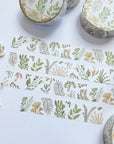 Premium Handmade Washi Tape Wild Leaf 15mm x 10m - 4 pieces and 3 washi tapes on the table with a white flower branch
