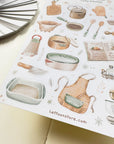 Premium Handmade Sticker Sheet Aesthetic Cozy Kitchen 105mm x 148mm - a sheet on the table with an opened notebook