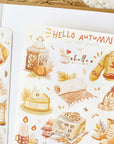 Premium Handmade Sticker Sheet Autumn in my Heart 105mm x 148mm - 2 sheets on the table with an opened notebook