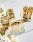 Premium Handmade Sticker Sheet Coffee 105mm x 148mm - 3 pieces on the stick and a sheet on the table