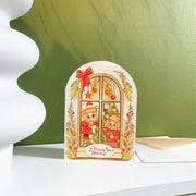 Window Frame Christmas card, English front, styled on a shelf with its envelope