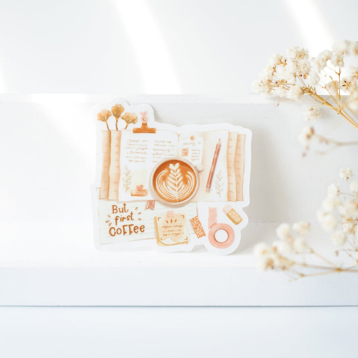 Beautiful handmade But First Coffee Vinyl Sticker stationery - created by Lettoon