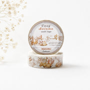 Cozy Autumn washi tape roll with watercolor pumpkins, mushrooms and candles, 15mm x 10m