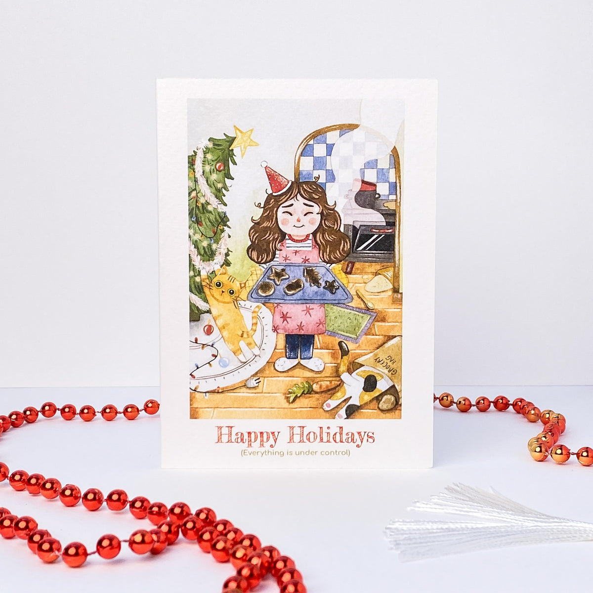 Everything Under Control Christmas card, English front: Happy Holidays (Everything is under control)